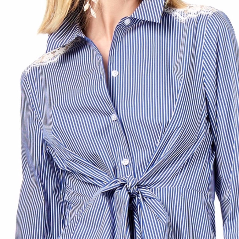 INC Petite Tie Front Lace Inset Shirt - Picture 2 of 2